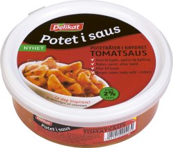 Bilde av Delikat potetbåter i krydret tomatsaus. Bilde av Delikat potetbåter i krydret tomatsaus.