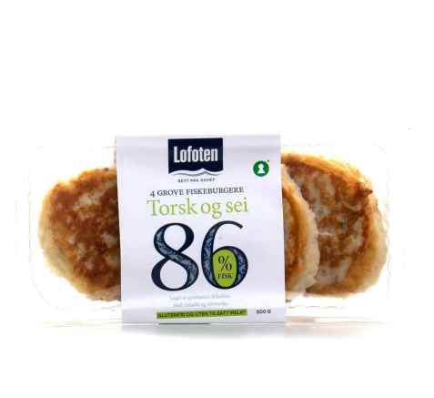 Bilde av Lofoten 86 prosent Lofotburger med torsk og sei. Bilde av Lofoten 86 prosent Lofotburger med torsk og sei.