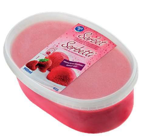Bilde av Hjem Is Bringebær- og jordbærsorbet.