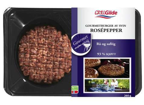 Bilde av Gilde Gourmetburger svin med rosepepper. Bilde av Gilde Gourmetburger svin med rosepepper.
