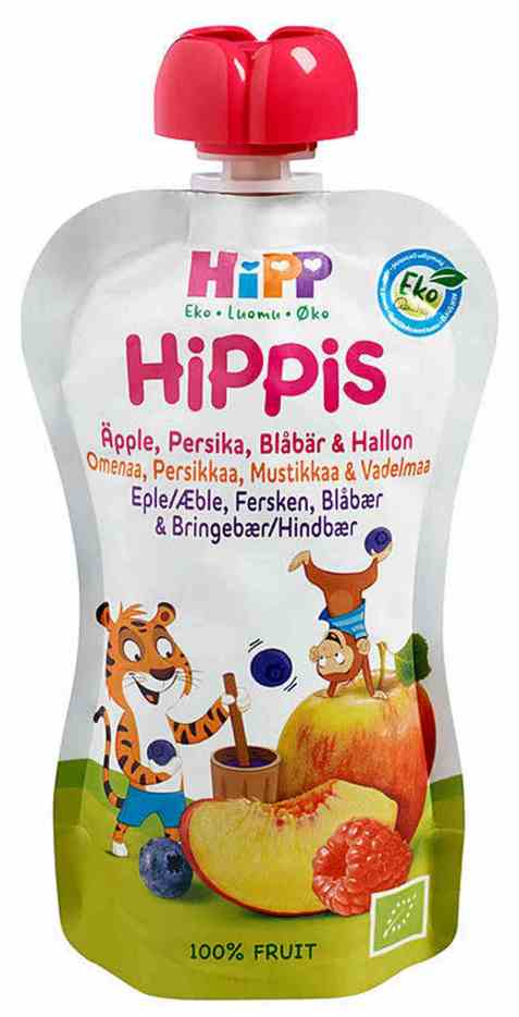 Bilde av Hipp Fruktpuré, med eple, fersken, blåbær og bringebær, fra 6 mnd.