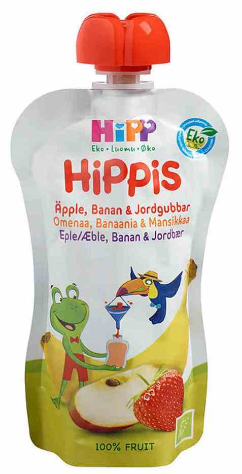 Bilde av Hipp Fruktpuré, med eple, banan og jordbær, fra 6 mnd. Bilde av Hipp Fruktpuré, med eple, banan og jordbær, fra 6 mnd.