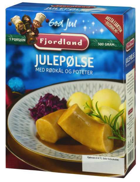 Bilde av Fjordland Julepølser med rødkål og poteter.