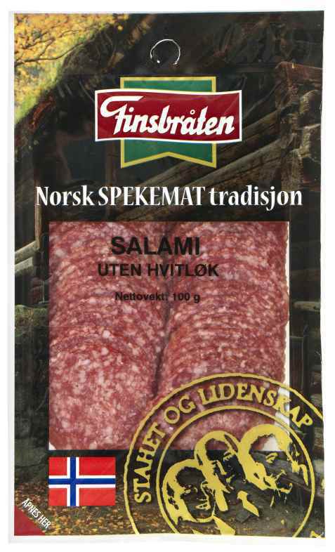 Bilde av Finsbråten salami uten hvitløk. Bilde av Finsbråten salami uten hvitløk.
