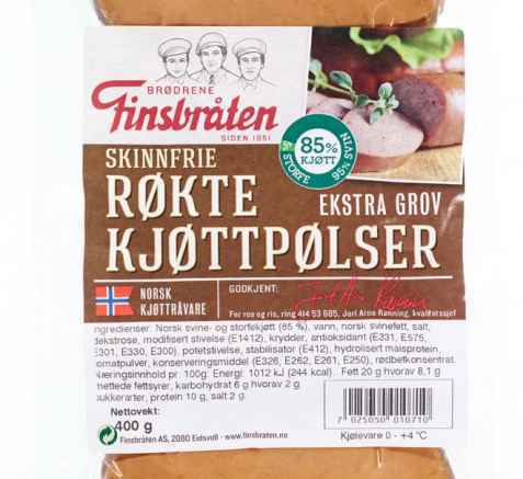 Bilde av Finsbråten røkte kjøttpølser gourmet skinnfri. Bilde av Finsbråten røkte kjøttpølser gourmet skinnfri.