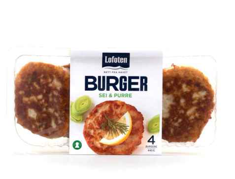 Bilde av Lofoten Fiskeburger med sei og purreløk. Bilde av Lofoten Fiskeburger med sei og purreløk.