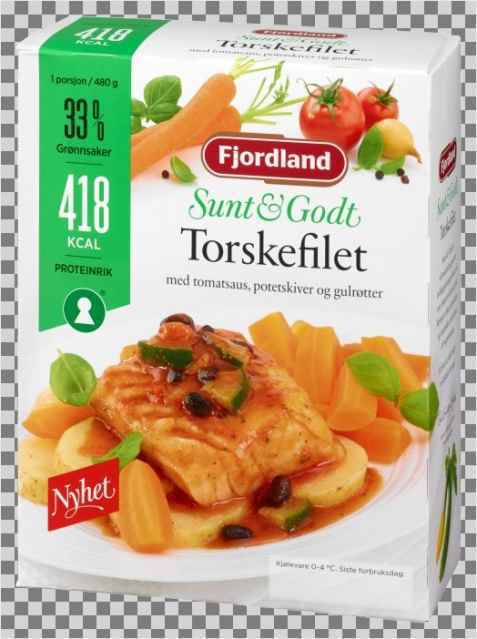 Bilde av Fjordland Torskefilet med tomatsaus, skivede poteter og gulrotstaver. Bilde av Fjordland Torskefilet med tomatsaus, skivede poteter og gulrotstaver.