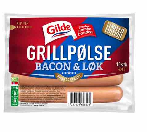 Bilde av Gilde grillpølse med bacon og løk. Bilde av Gilde grillpølse med bacon og løk.