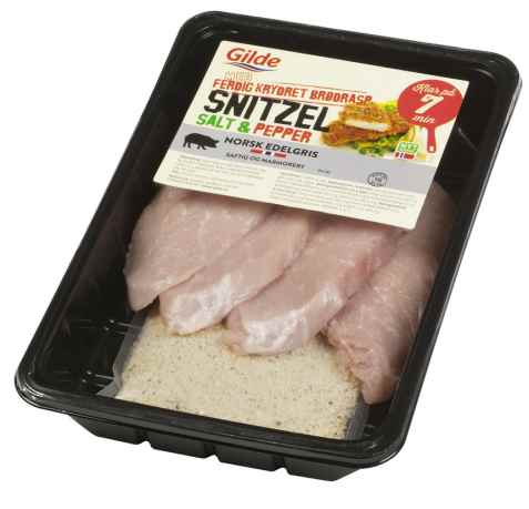 Bilde av Gilde edelgris snitzel med brødrasp. Bilde av Gilde edelgris snitzel med brødrasp.