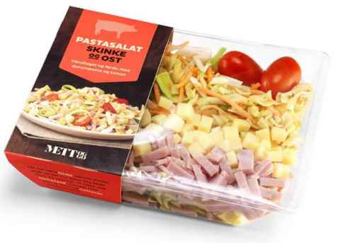 Bilde av Bama mett og go salat med pasta, skinke og ost. Bilde av Bama mett og go salat med pasta, skinke og ost.