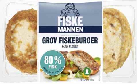 Bilde av Fiskemannen Fiskeburger 80 prosent grov med purre. Bilde av Fiskemannen Fiskeburger 80 prosent grov med purre.