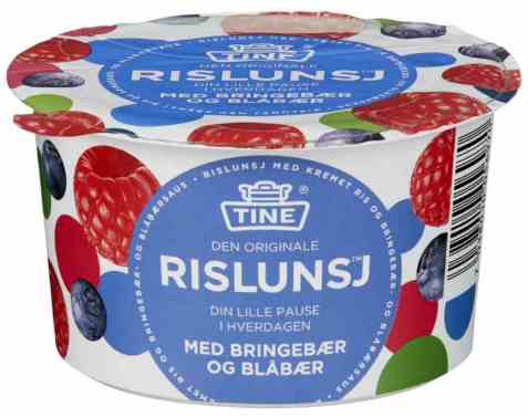 Bilde av Tine Rislunsj med bringebær og blåbær. Bilde av Tine Rislunsj med bringebær og blåbær.