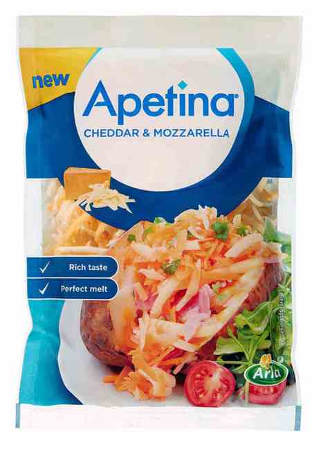 Bilde av Arla Apetina revet cheddar og mozzarella. Bilde av Arla Apetina revet cheddar og mozzarella.