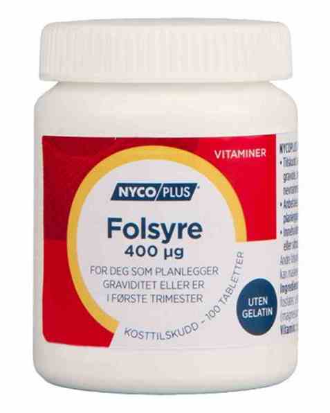 Bilde av Nycomed Nycoplus Folsyre 400 mcg tabletter. Bilde av Nycomed Nycoplus Folsyre 400 mcg tabletter.