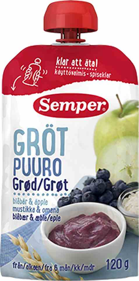 Bilde av Semper spiseklar barnegrøt med blåbær og eple. Bilde av Semper spiseklar barnegrøt med blåbær og eple.