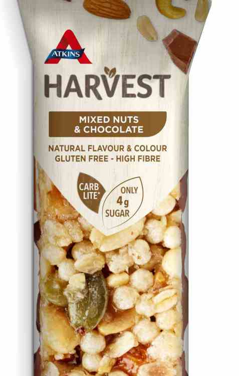Bilde av Atkins Harvest nøttebar frø og sjokolade. Bilde av Atkins Harvest nøttebar frø og sjokolade.