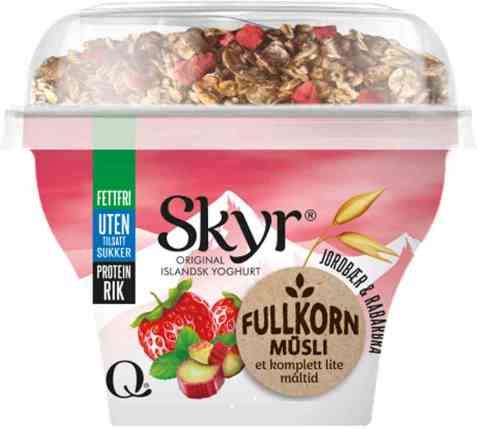 Bilde av Q skyr jordbær og rabarbra fullkornmüsli. Bilde av Q skyr jordbær og rabarbra fullkornmüsli.