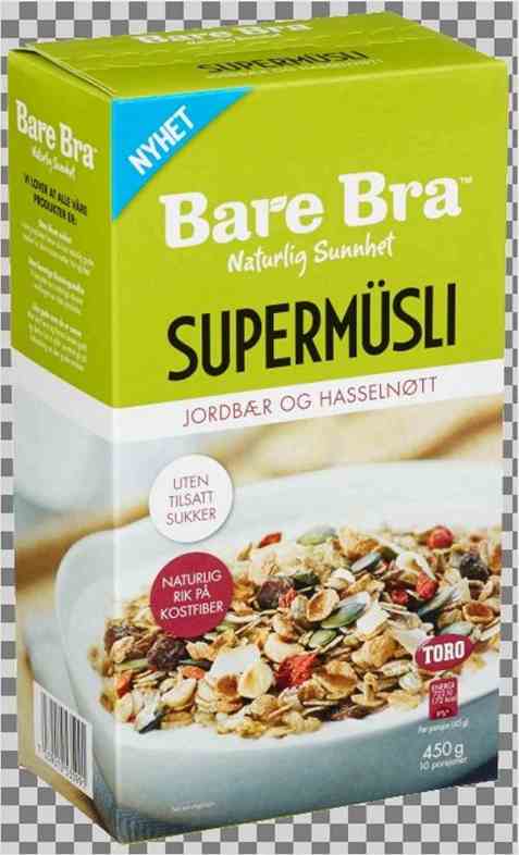 Bilde av BareBra supermusli med jordbær og hasselnøtt.