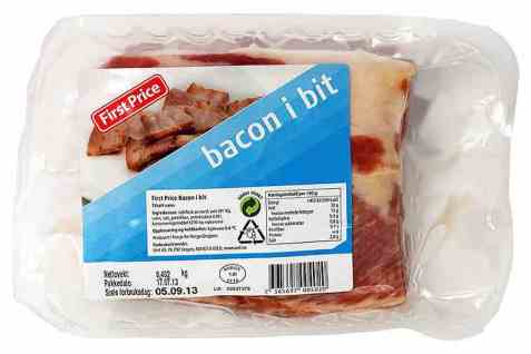 Bilde av First Price bacon i bit. Bilde av First Price bacon i bit.