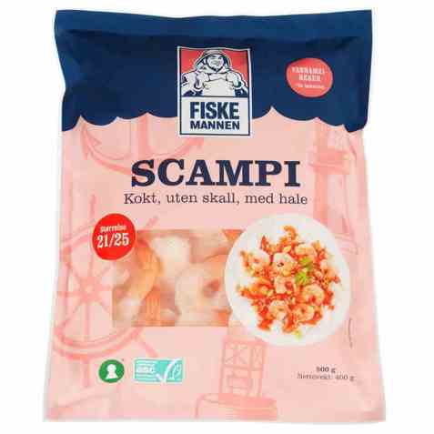 Bilde av Fiskemannen Scampi kokt 21/25 uten skall m/haletipp. Bilde av Fiskemannen Scampi kokt 21/25 uten skall m/haletipp.
