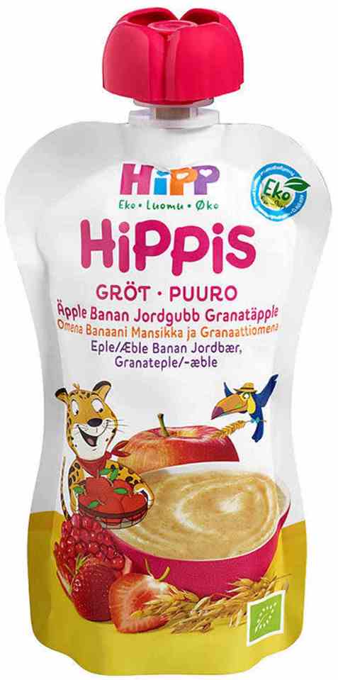 Bilde av Hipp hippis grøtsmoothie eple, banan, jordbær og granateple. Bilde av Hipp hippis grøtsmoothie eple, banan, jordbær og granateple.