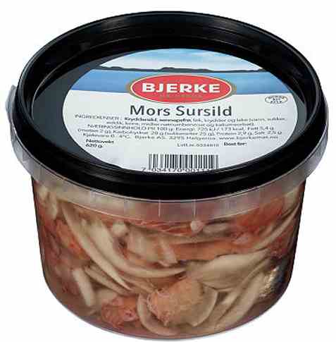 Bilde av Bjerke Mors sursild i lake. Bilde av Bjerke Mors sursild i lake.