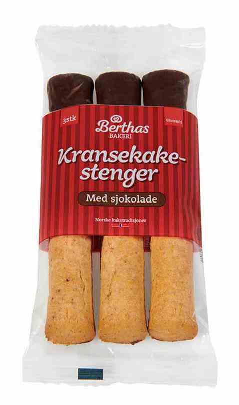 Bilde av Berthas kransekakestenger med sjokolade. Bilde av Berthas kransekakestenger med sjokolade.