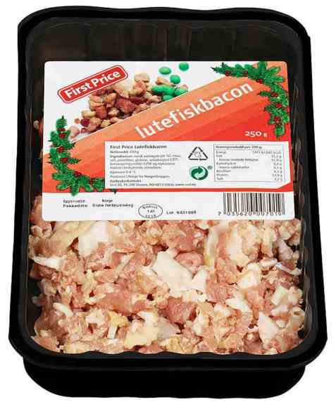 Bilde av First Price lutefiskbacon i biter. Bilde av First Price lutefiskbacon i biter.