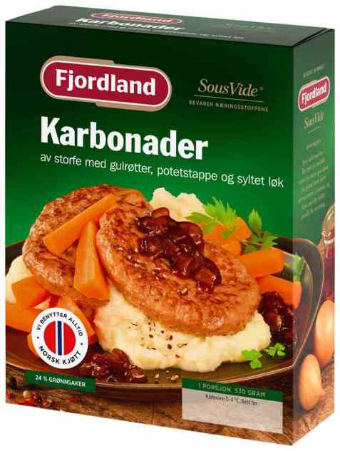 Bilde av Fjordland karbonader med gulrøtter, løk og potetstappe. Bilde av Fjordland karbonader med gulrøtter, løk og potetstappe.