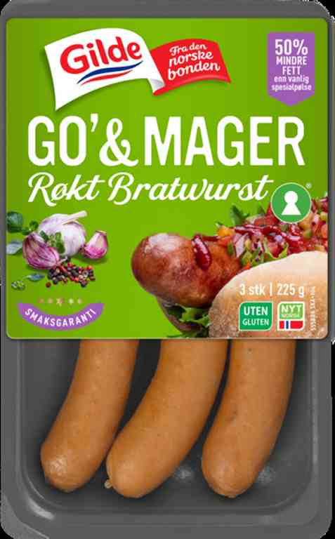 Bilde av Gilde Go og Mager Røkt Bratwurst. Bilde av Gilde Go og Mager Røkt Bratwurst.