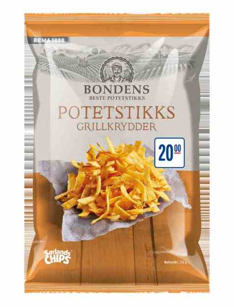 Bilde av Sørlandschips Bondens Potetstikks med grillkrydder. Bilde av Sørlandschips Bondens Potetstikks med grillkrydder.
