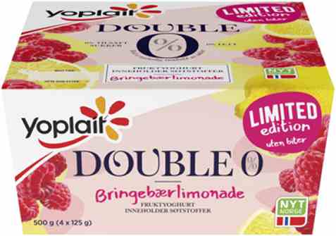 Bilde av Fjordland Yoplait Dobbel 0 prosent bringebær limonade.