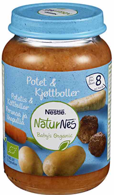 Bilde av Nestlé naturnes økologisk Potet & Kjøttboller 8m 190g. Bilde av Nestlé naturnes økologisk Potet & Kjøttboller 8m 190g.