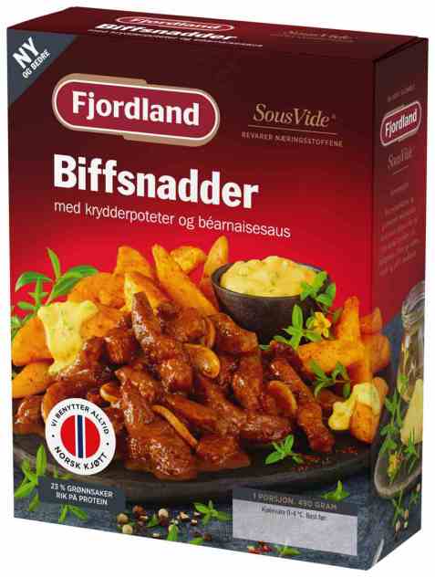 Bilde av Fjordland Biffsnadder med krydderpoteter og bernaisesaus. Bilde av Fjordland Biffsnadder med krydderpoteter og bernaisesaus.