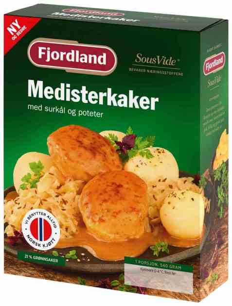 Bilde av Fjordland Medisterkaker med surkål og poteter. Bilde av Fjordland Medisterkaker med surkål og poteter.