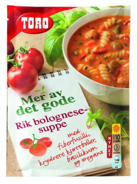 Bilde av Toro Rik Bolognesesuppe med fiberfusilli, krydrete kjøttboller, basilikum og oregano. Bilde av Toro Rik Bolognesesuppe med fiberfusilli, krydrete kjøttboller, basilikum og oregano.
