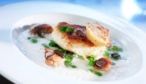 Jordskokksuppe med pepperstekt kveite oppskrift.