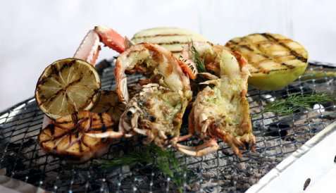 Grillet sjøkreps med grillede grønnsaker oppskrift.