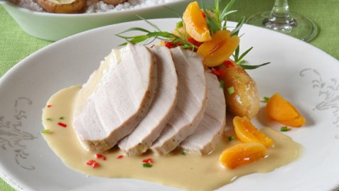 Kalkunfilet med chilibakte mandelpoteter oppskrift.