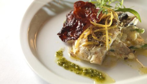 Sitronposjert tørrfisk med sopprisotto oppskrift.