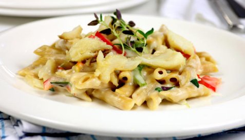 Klippfisk med pasta og ostesaus oppskrift.