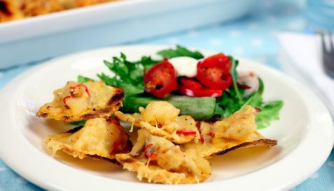 Gratinerte nachos med klippfisk oppskrift.