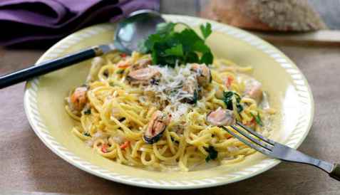 Spaghetti med blåskjell oppskrift.