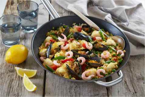 Paella med breiflabb og skalldyr oppskrift.