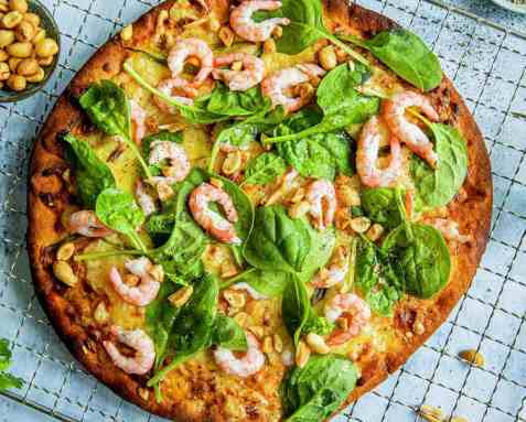 Prøv også Pizza med reker, spinat og peanøtter.